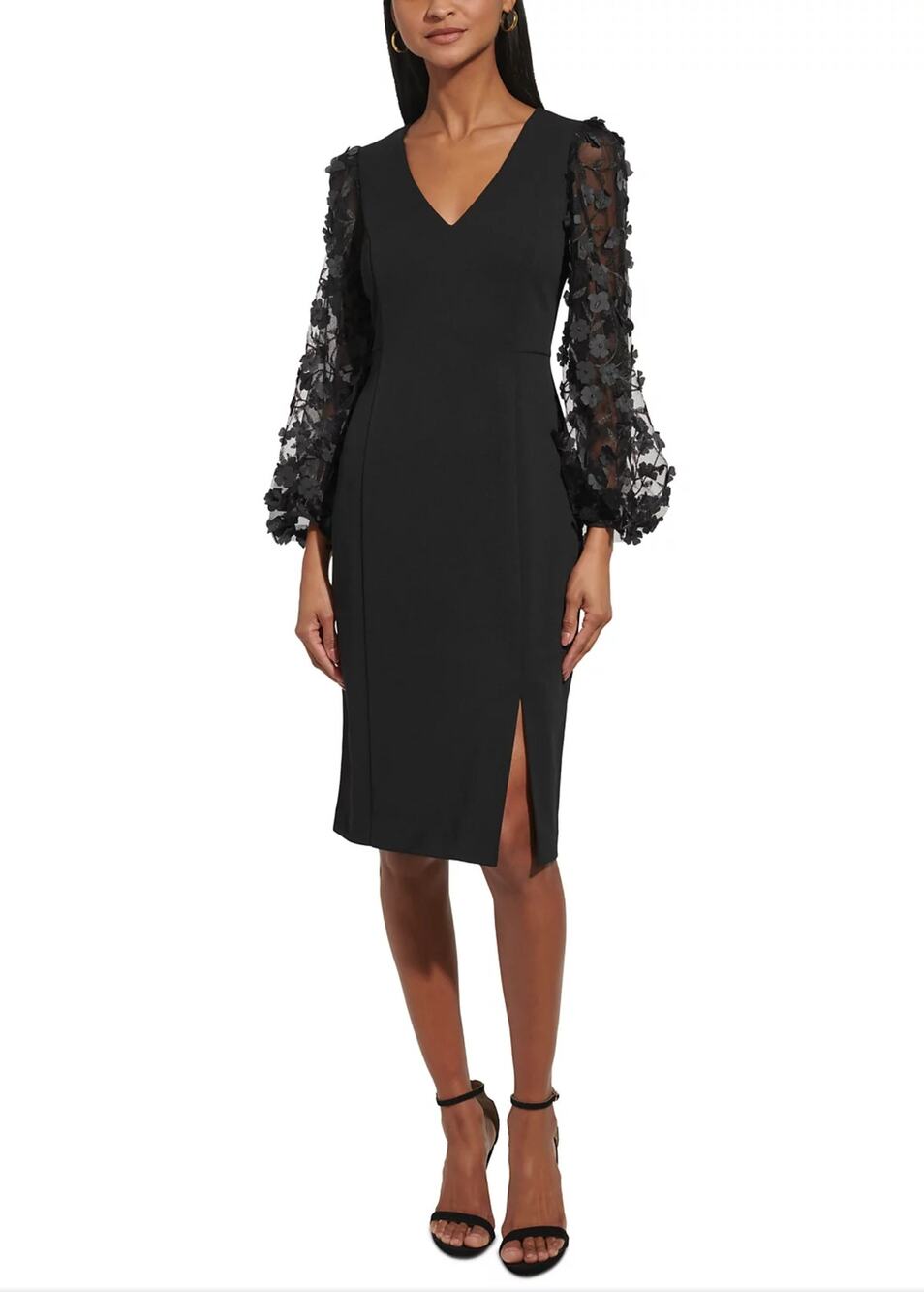 Eliza J Black Cocktail Dress Embroidered Floral Long Sleeve Midi Sheath Size 6 - Picture 1 of 13